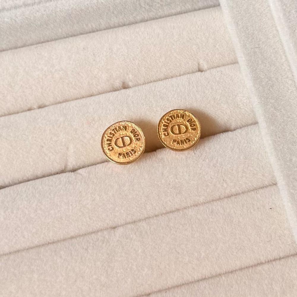 Vintage Christian Dior Paris CD Logo Gold Stud Earrings
